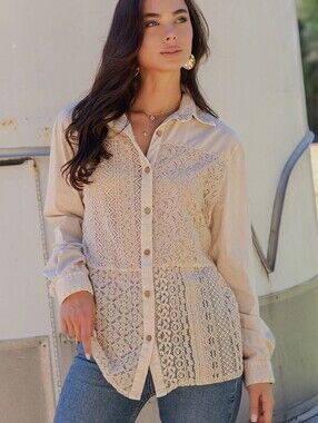 Young Threads Crochet Lace Button Down Boho Patchwork Top Neutral Small